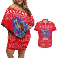 Tunisia Christmas Couples Matching Off Shoulder Short Dress and Hawaiian Shirt with Desert Camel Crescent Snowflake Pattern and National Emblem - Wonder Print Shop