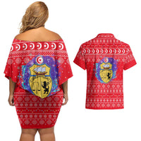 Tunisia Christmas Couples Matching Off Shoulder Short Dress and Hawaiian Shirt with Desert Camel Crescent Snowflake Pattern and National Emblem - Wonder Print Shop