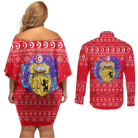 Tunisia Christmas Couples Matching Off Shoulder Short Dress and Long Sleeve Button Shirt with Desert Camel Crescent Snowflake Pattern and National Emblem - Wonder Print Shop