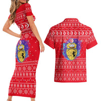 Tunisia Christmas Couples Matching Short Sleeve Bodycon Dress and Hawaiian Shirt with Desert Camel Crescent Snowflake Pattern and National Emblem - Wonder Print Shop