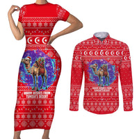 Tunisia Christmas Couples Matching Short Sleeve Bodycon Dress and Long Sleeve Button Shirt with Desert Camel Crescent Snowflake Pattern and National Emblem - Wonder Print Shop
