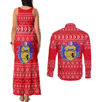 Tunisia Christmas Couples Matching Tank Maxi Dress and Long Sleeve Button Shirt with Desert Camel Crescent Snowflake Pattern and National Emblem - Wonder Print Shop