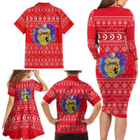 Tunisia Christmas Family Matching Long Sleeve Bodycon Dress and Hawaiian Shirt with Desert Camel Crescent Snowflake Pattern and National Emblem - Wonder Print Shop