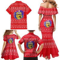 Tunisia Christmas Family Matching Mermaid Dress and Hawaiian Shirt with Desert Camel Crescent Snowflake Pattern and National Emblem - Wonder Print Shop