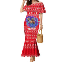 Tunisia Christmas Family Matching Mermaid Dress and Hawaiian Shirt with Desert Camel Crescent Snowflake Pattern and National Emblem - Wonder Print Shop