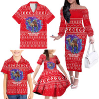 Tunisia Christmas Family Matching Off The Shoulder Long Sleeve Dress and Hawaiian Shirt with Desert Camel Crescent Snowflake Pattern and National Emblem - Wonder Print Shop