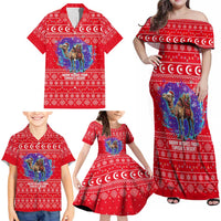 Tunisia Christmas Family Matching Off Shoulder Maxi Dress and Hawaiian Shirt with Desert Camel Crescent Snowflake Pattern and National Emblem - Wonder Print Shop