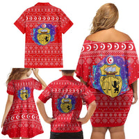 Tunisia Christmas Family Matching Off Shoulder Short Dress and Hawaiian Shirt with Desert Camel Crescent Snowflake Pattern and National Emblem - Wonder Print Shop