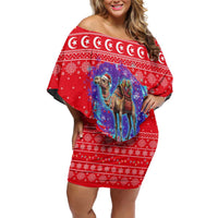 Tunisia Christmas Family Matching Off Shoulder Short Dress and Hawaiian Shirt with Desert Camel Crescent Snowflake Pattern and National Emblem - Wonder Print Shop
