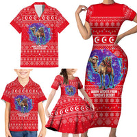 Tunisia Christmas Family Matching Short Sleeve Bodycon Dress and Hawaiian Shirt with Desert Camel Crescent Snowflake Pattern and National Emblem - Wonder Print Shop