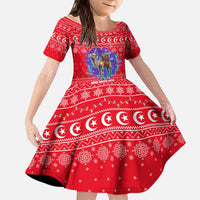 Tunisia Christmas Kid Short Sleeve Dress with Desert Camel Crescent Snowflake Pattern and National Emblem - Wonder Print Shop