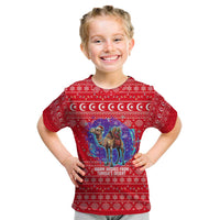 Tunisia Christmas Kid T Shirt with Desert Camel Crescent Snowflake Pattern and National Emblem - Wonder Print Shop