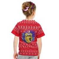 Tunisia Christmas Kid T Shirt with Desert Camel Crescent Snowflake Pattern and National Emblem - Wonder Print Shop
