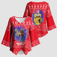 Tunisia Christmas Kimono Sleeve Blouse with Desert Camel Crescent Snowflake Pattern and National Emblem - Wonder Print Shop