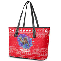Tunisia Christmas Leather Tote Bag with Desert Camel Crescent Snowflake Pattern and National Emblem - Wonder Print Shop