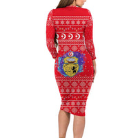 Tunisia Christmas Long Sleeve Bodycon Dress with Desert Camel Crescent Snowflake Pattern and National Emblem - Wonder Print Shop