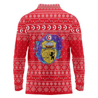Tunisia Christmas Long Sleeve Polo Shirt with Desert Camel Crescent Snowflake Pattern and National Emblem - Wonder Print Shop