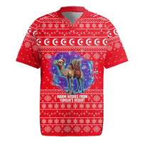 Tunisia Christmas Rugby Jersey with Desert Camel Crescent Snowflake Pattern and National Emblem - Wonder Print Shop
