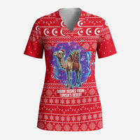 Tunisia Christmas Scrub Top with Desert Camel Crescent Snowflake Pattern and National Emblem - Wonder Print Shop