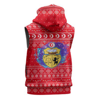 Tunisia Christmas Sleeveless Zip Hoodie with Desert Camel Crescent Snowflake Pattern and National Emblem - Wonder Print Shop