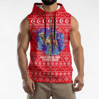 Tunisia Christmas Sleeveless Zip Hoodie with Desert Camel Crescent Snowflake Pattern and National Emblem - Wonder Print Shop