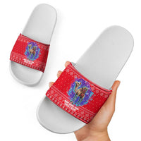 Tunisia Christmas Slide Sandals with Desert Camel Crescent Snowflake Pattern and National Emblem - Wonder Print Shop