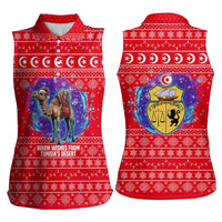 Tunisia Christmas Women Sleeveless Polo Shirt with Desert Camel Crescent Snowflake Pattern and National Emblem - Wonder Print Shop