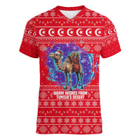 Tunisia Christmas Women V-Neck T-Shirt with Desert Camel Crescent Snowflake Pattern and National Emblem - Wonder Print Shop