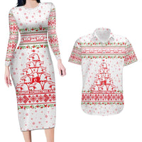 Tunisia Christmas Couples Matching Long Sleeve Bodycon Dress and Hawaiian Shirt with Red Falcon Tree White Snowflake Pattern and Festive Borders - Wonder Print Shop