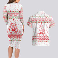 Tunisia Christmas Couples Matching Long Sleeve Bodycon Dress and Hawaiian Shirt with Red Falcon Tree White Snowflake Pattern and Festive Borders - Wonder Print Shop