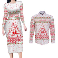 Tunisia Christmas Couples Matching Long Sleeve Bodycon Dress and Long Sleeve Button Shirt with Red Falcon Tree White Snowflake Pattern and Festive Borders - Wonder Print Shop