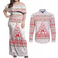 Tunisia Christmas Couples Matching Off Shoulder Maxi Dress and Long Sleeve Button Shirt with Red Falcon Tree White Snowflake Pattern and Festive Borders - Wonder Print Shop