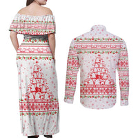 Tunisia Christmas Couples Matching Off Shoulder Maxi Dress and Long Sleeve Button Shirt with Red Falcon Tree White Snowflake Pattern and Festive Borders - Wonder Print Shop