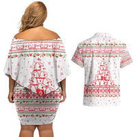 Tunisia Christmas Couples Matching Off Shoulder Short Dress and Hawaiian Shirt with Red Falcon Tree White Snowflake Pattern and Festive Borders - Wonder Print Shop