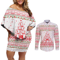 Tunisia Christmas Couples Matching Off Shoulder Short Dress and Long Sleeve Button Shirt with Red Falcon Tree White Snowflake Pattern and Festive Borders - Wonder Print Shop