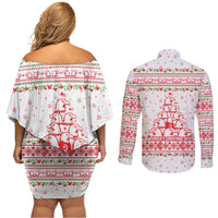 Tunisia Christmas Couples Matching Off Shoulder Short Dress and Long Sleeve Button Shirt with Red Falcon Tree White Snowflake Pattern and Festive Borders - Wonder Print Shop