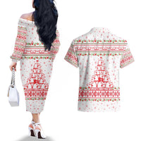 Tunisia Christmas Couples Matching Off The Shoulder Long Sleeve Dress and Hawaiian Shirt with Red Falcon Tree White Snowflake Pattern and Festive Borders - Wonder Print Shop