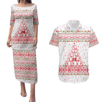 Tunisia Christmas Couples Matching Puletasi and Hawaiian Shirt with Red Falcon Tree White Snowflake Pattern and Festive Borders - Wonder Print Shop