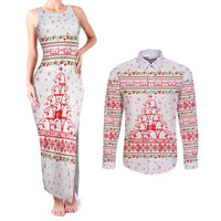 Tunisia Christmas Couples Matching Tank Maxi Dress and Long Sleeve Button Shirt with Red Falcon Tree White Snowflake Pattern and Festive Borders - Wonder Print Shop