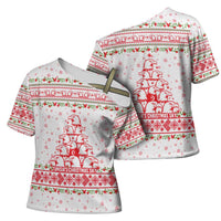 Tunisia Christmas Cross Shoulder Shirt with Red Falcon Tree White Snowflake Pattern and Festive Borders - Wonder Print Shop