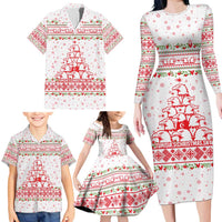 Tunisia Christmas Family Matching Long Sleeve Bodycon Dress and Hawaiian Shirt with Red Falcon Tree White Snowflake Pattern and Festive Borders - Wonder Print Shop