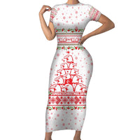 Tunisia Christmas Family Matching Short Sleeve Bodycon Dress and Hawaiian Shirt with Red Falcon Tree White Snowflake Pattern and Festive Borders - Wonder Print Shop