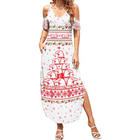 Tunisia Christmas Family Matching Summer Maxi Dress and Hawaiian Shirt with Red Falcon Tree White Snowflake Pattern and Festive Borders - Wonder Print Shop