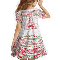 Tunisia Christmas Kid Short Sleeve Dress with Red Falcon Tree White Snowflake Pattern and Festive Borders - Wonder Print Shop
