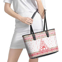 Tunisia Christmas Leather Tote Bag with Red Falcon Tree White Snowflake Pattern and Festive Borders - Wonder Print Shop