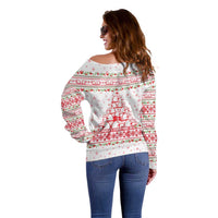 Tunisia Christmas Off Shoulder Sweater with Red Falcon Tree White Snowflake Pattern and Festive Borders - Wonder Print Shop