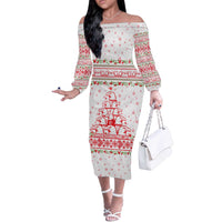 Tunisia Christmas Off The Shoulder Long Sleeve Dress with Red Falcon Tree White Snowflake Pattern and Festive Borders - Wonder Print Shop