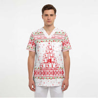 Tunisia Christmas Scrub Top with Red Falcon Tree White Snowflake Pattern and Festive Borders - Wonder Print Shop