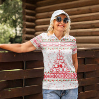 Tunisia Christmas Women Polo Shirt with Red Falcon Tree White Snowflake Pattern and Festive Borders - Wonder Print Shop