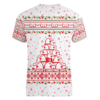 Tunisia Christmas Women V-Neck T-Shirt with Red Falcon Tree White Snowflake Pattern and Festive Borders - Wonder Print Shop